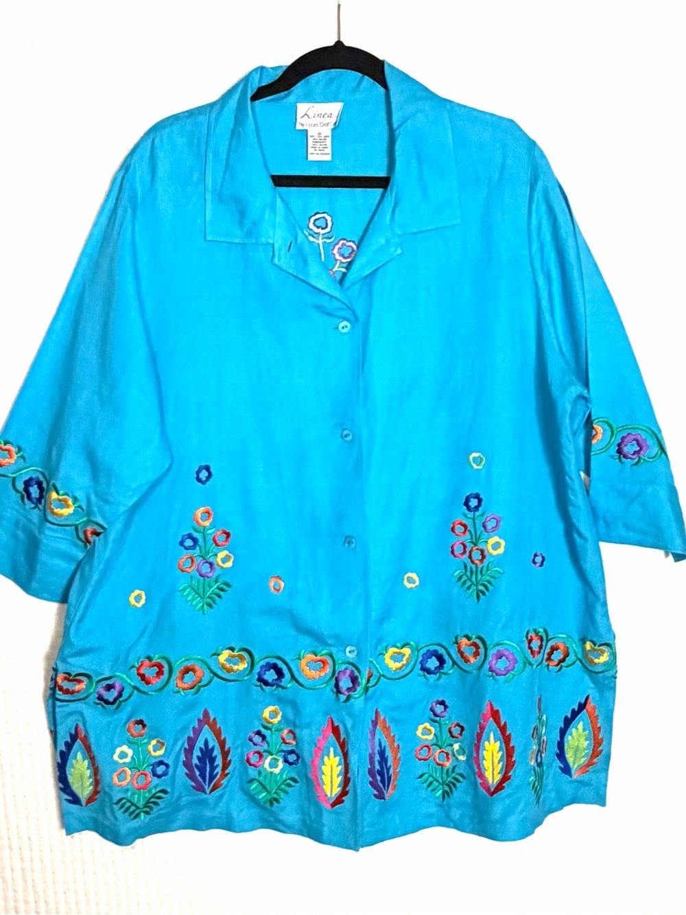 Linea by Louis Dell' Olio Top Size 1X Button Boxy Slits Embroidered Tunic Linen